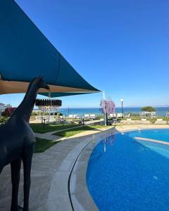 a statue of a dog standing next to a swimming pool at Duplex bien equipe securise avec jardin et veranda in La Marsa