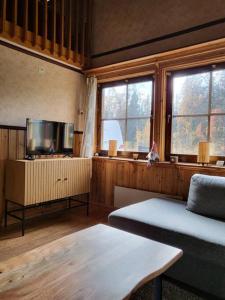 sala de estar con sofá y 2 ventanas en Cozy mountain house in Jämtland en Vallrun