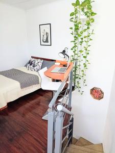 a bedroom with a bed and a desk with a laptop at Estudio tipo loft Céntrico y Acogedor in San Pedro