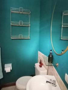 a bathroom with a white toilet and a blue wall at Estudio tipo loft Céntrico y Acogedor in San Pedro