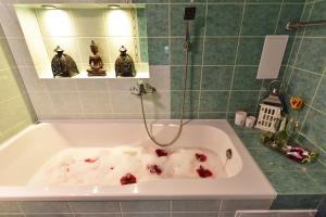 a bath tub filled with blood in a bathroom at Holiday Apartments with loggia in Druskininkai in Druskininkai