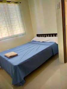 1 dormitorio con cama azul y ventana en Casa Mira Coast Apartment with Motorbike, en Dumaguete