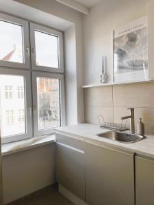 cocina con fregadero y 2 ventanas en Apartament w centrum Gdańska en Gdansk