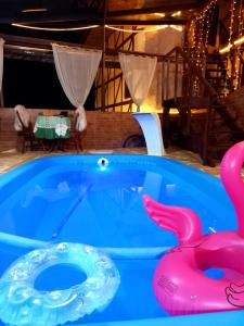 uma banheira azul com um flamingo rosa no meio em Suites Cabanas e chalés 4 km do baden baden em Campos do Jordão