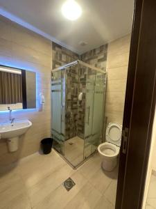 a bathroom with a shower and a toilet and a sink at cozy rooftop near al services 24 in Rujm ash Sharāʼirah