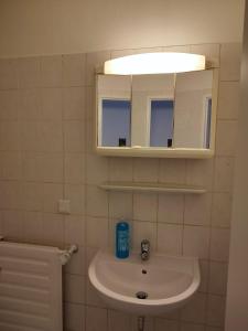 a bathroom with a sink and a mirror at Moderne Ferienwohnung Monteurwohnung Business Appartement Ratingen 4-5 Personen Nähe Messe, Flughafen Düsseldorf in Ratingen