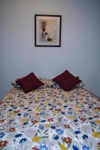a bed with a floral comforter and two pillows at Apartamento Abrante in Madrid