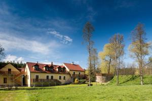 una casa grande con un campo de hierba y árboles en Mlýn Kamenice, en Klučenice