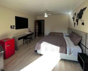 a bedroom with a bed and a desk and a television at Casa do Rogerio Hostel - Unidade Shopping in Caxias do Sul