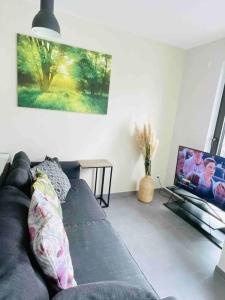 a living room with a couch and a flat screen tv at New One bedroom Flat- Terrace & Parking in Luxembourg