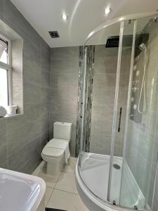 een badkamer met een douche, een toilet en een wastafel bij Modern and spacious flat in Longbridge