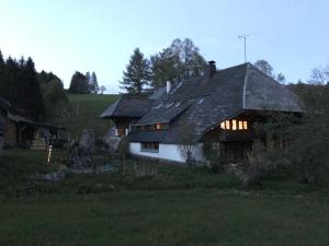 una casa con las luces encendidas en un campo en Der Schmidthof en Todtmoos