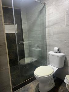 y baño con aseo y ducha acristalada. en apartamento amoblado en zona rosa de Dosquebradas, en Dosquebradas