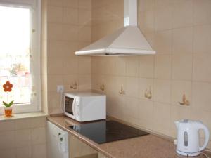 un microondas blanco en una encimera en una cocina en Pokoje Gościnne IRGA Apartamenty, en Starogard Gdański