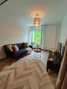 una sala de estar con un sofá y una mesa en Gite BA2 Epernay Centre vue sur parc, en Épernay