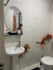 a bathroom with a sink and a mirror and a toilet at City Appartementen New Nickerie - 4-6p in Nieuw Nickerie