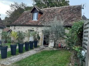 ein altes Cottage mit Topfpflanzen davor in der Unterkunft Gîte des châteaux de la Loire in Villandry