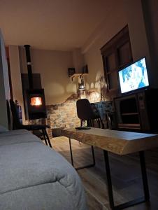 un salon avec une télévision et une cheminée dans l'établissement Vivienda Rural El Peñón de Los Primillas, à La Iruela