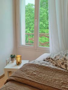 1 dormitorio con cama y ventana en Gite BA2 Epernay Centre vue sur parc, en Épernay