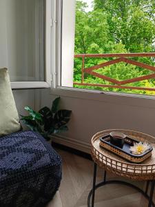 Habitación con ventana, mesa y silla en Gite BA2 Epernay Centre vue sur parc, en Épernay