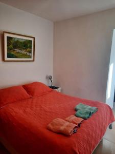 Una cama roja con dos toallas encima. en Soñar en la Patagonia en Trelew