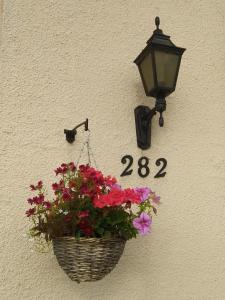 um cesto de flores e uma luz de rua e um relógio em Cornerways Bed & Breakfast em Oxford