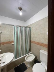 a bathroom with a toilet a sink and a shower at Bungalows palmar in Chajarí
