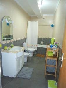 ein Badezimmer mit einem Waschbecken, einem WC und einem Spiegel in der Unterkunft Casa Espaçosa perto de Angra in Angra do Heroísmo