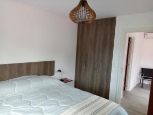 una camera da letto con un letto grande e una lampada a sospensione di NEco apartamentos Naturistas Nudistas Parejas o mujeres solas a Punta del Este