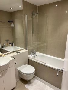 a bathroom with a toilet and a shower and a sink at No-taking-reservations in London
