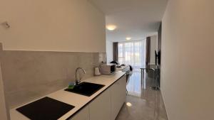 a kitchen with a sink and a counter top at Air conditioned 1 room Apartment Vienna Gate, 3 in Bratislava