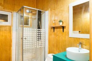 a bathroom with a glass shower and a sink at ENTRE BOSQUE in Puelo