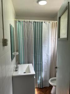 a bathroom with a sink and a shower and a toilet at Cabaña en Esquel para 3 personas in Esquel