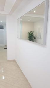 Habitación blanca con espejo y planta en Bonito apartamento en Barrio Calvo Sotelo, en Melilla