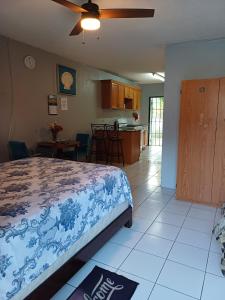 a bedroom with a bed and a kitchen with a table at Errol and Nancys place in Stapleton Gardens