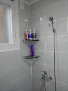a bathroom with a shower with shelves on the wall at Good Stay Itaewon in Seoul