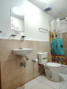 a bathroom with a sink and a toilet and a mirror at Hakuna Matata in Cuenca