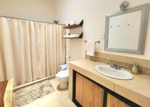 een badkamer met een wastafel, een toilet en een spiegel bij Cómoda Habitación con Baño en Pasillo in Querétaro