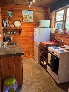 a kitchen with a white refrigerator and a stove at Classic Kiwi bach in Granity