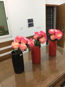 tres jarrones llenos de rosas rosas sentadas en una mesa en un nouveau appartement avec un parking gratuit sur place en La Marsa