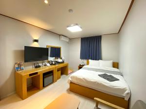 Habitación de hotel con cama y TV en Suanbo Hot Spring Healing Hotel, en Chungju