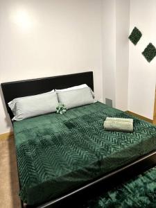 聖路易斯的住宿－Serene Living Downtown STL Loft，卧室内的一张带绿色棉被的床
