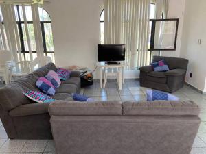 uma sala de estar com um sofá castanho e uma televisão em Renta de casa de descanso / Jardín / Albercada em Tlayecac