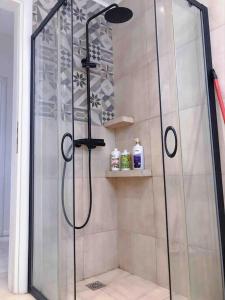 une douche avec une porte vitrée dans une salle de bain dans l'établissement Paleo Faliro Athens fully equipped 2 bedrooms 90 sqm big apartment 200m to Free beach, à Athènes