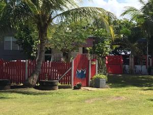 una valla roja frente a una casa con palmeras en Toda la casa: 3 dormitorios, 4 baños y 1 futón., en Arecibo