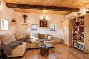 uma sala de estar com um sofá e uma mesa em Vineyard Cottage Grajska Kašča - Happy Rentals em Mirna