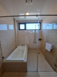 a large bathroom with a tub and a shower at Sunrise Inari B&B in Dongshan