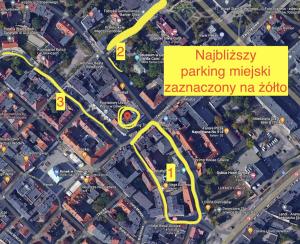 a map of a road with a parking map at Gliwice on a budget 90m from the main square in Gliwice +2 photos