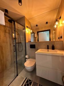 a bathroom with a toilet and a sink and a shower at Villa Neptun Gdańsk 5 1 9 1 0 2 1 3 0 in Gdańsk