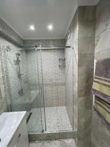 a shower with a glass door in a bathroom at Комфортабельная квартира на улице Василе Лупу in Chişinău